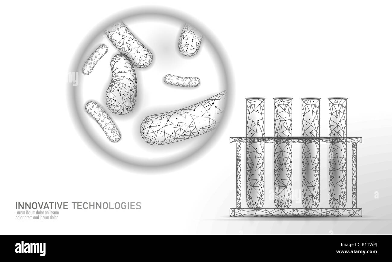 Test tube bacteria 3D low poly render probiotics. Laboratory analysis microorganism. Healthy flora of human body. Modern science technology medicine allergy immunity thearment vector illustration Stock Vector