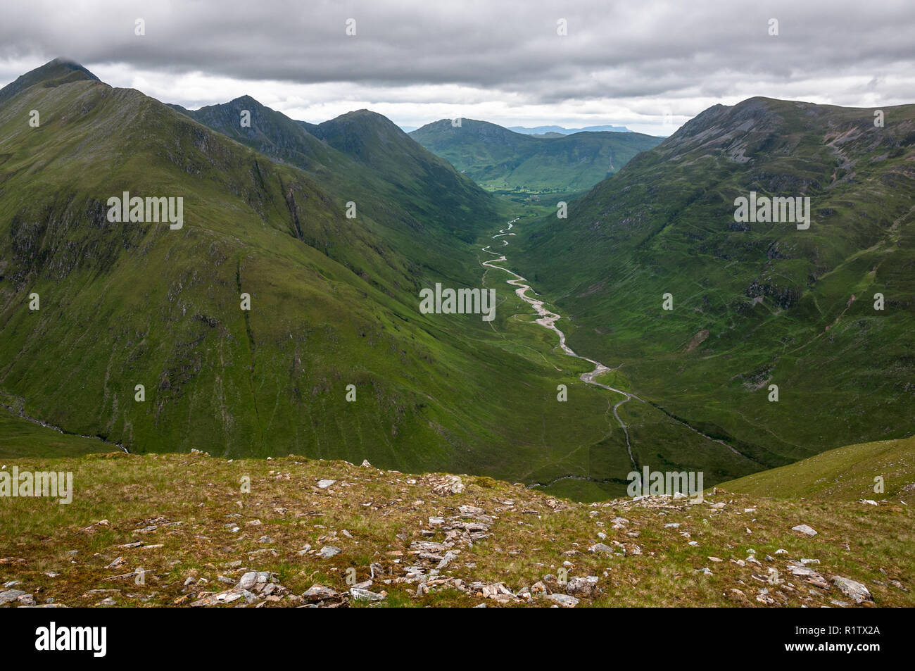 Glen (Gleann) Lichd and the river Croe from the slopes of Meall a Charra, Scotland Stock Photo