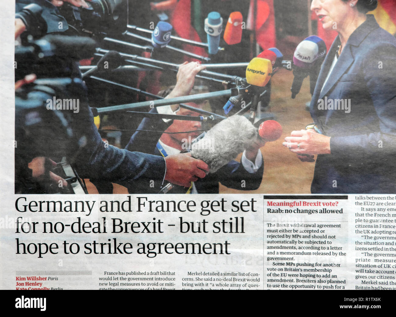 Newspaper headline 'Germany and France get set for no-deal Brexit - but still hope to strike agreement'  18 October 2018   London England UK Stock Photo