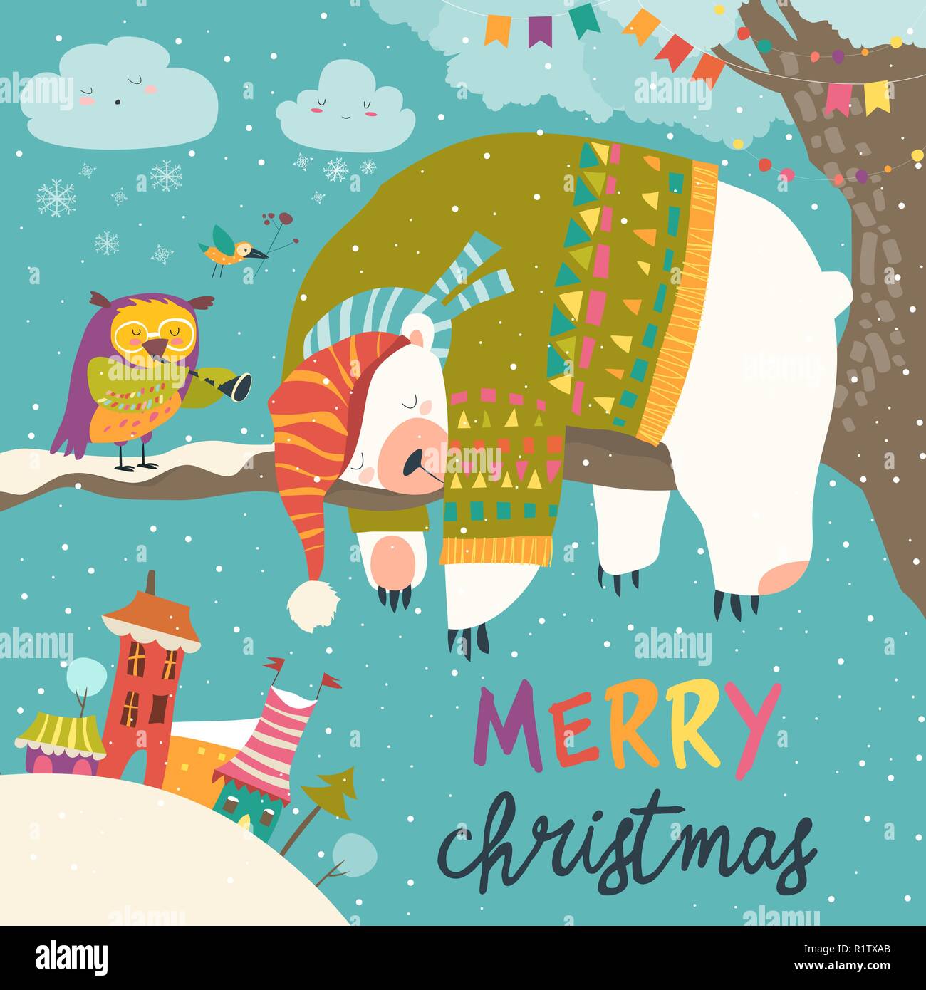 Vector Christmas card with sleeping polar bear and little owl Stock Vector