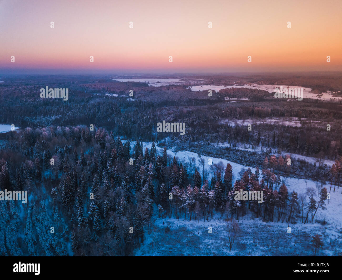 Aerial view of the winter snow covered forest and frozen lake from ...