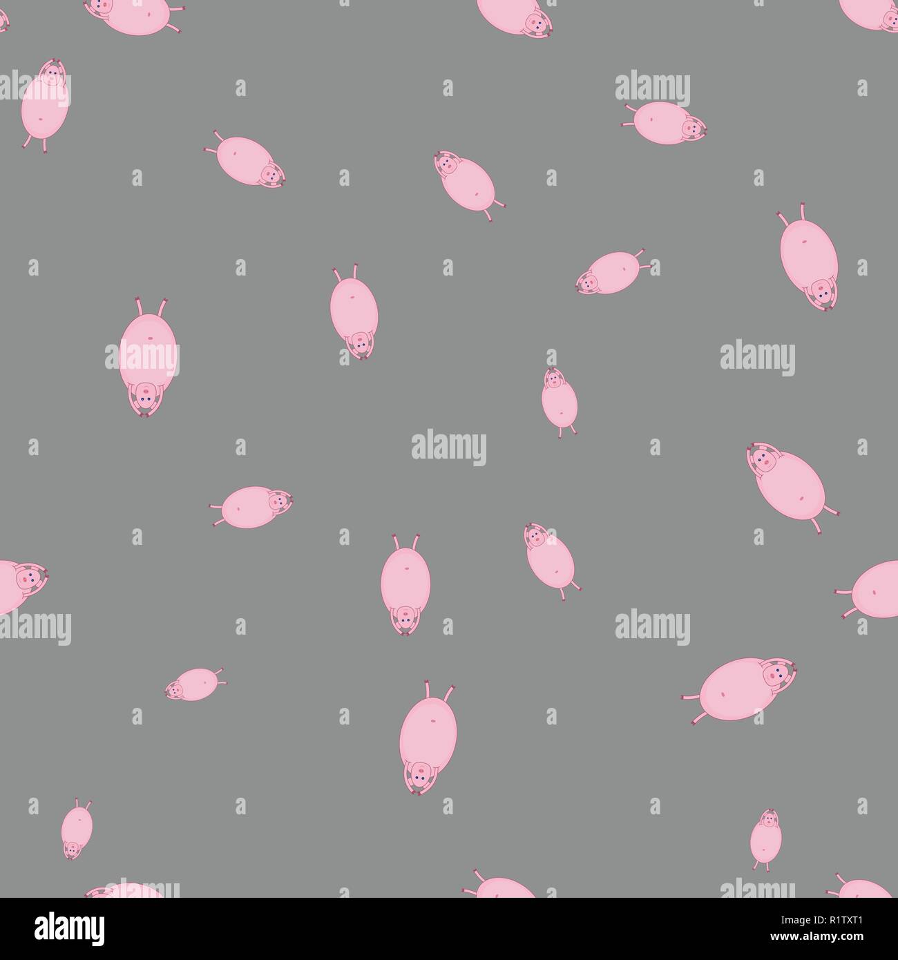 Seamless pattern with pigs in funny poses. Gray background. Stock Vector