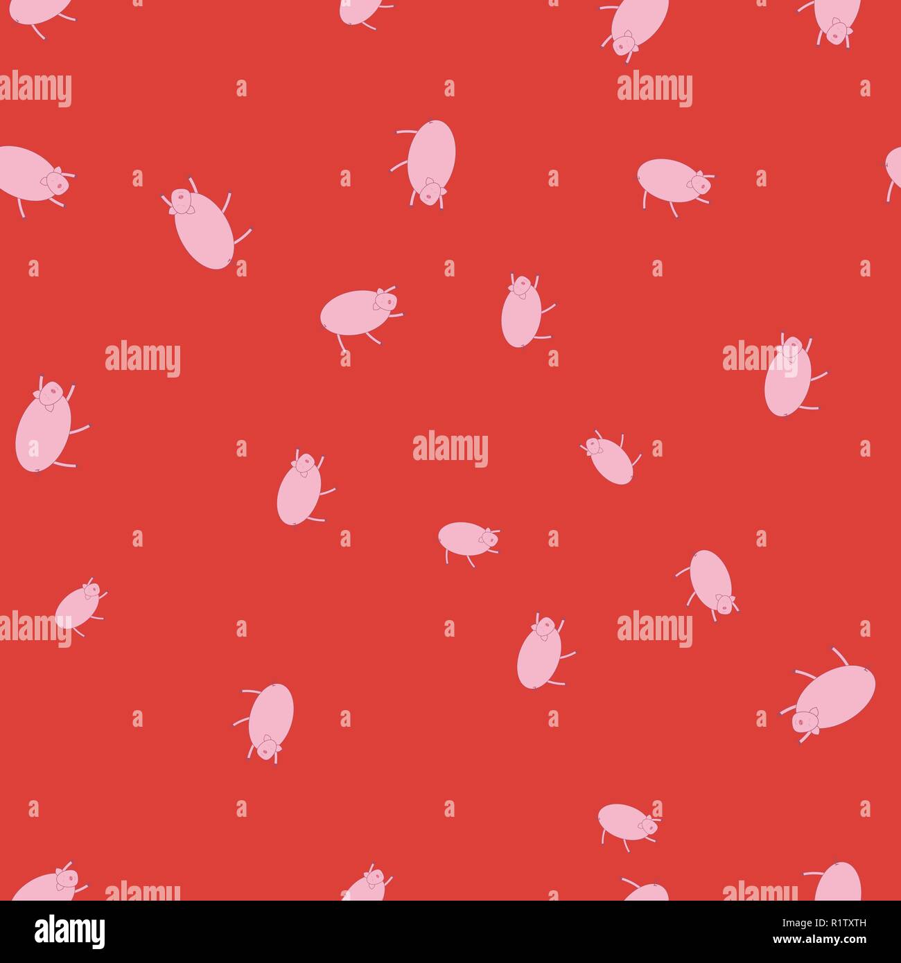 Seamless pattern with pigs in funny poses. Red background. Stock Vector