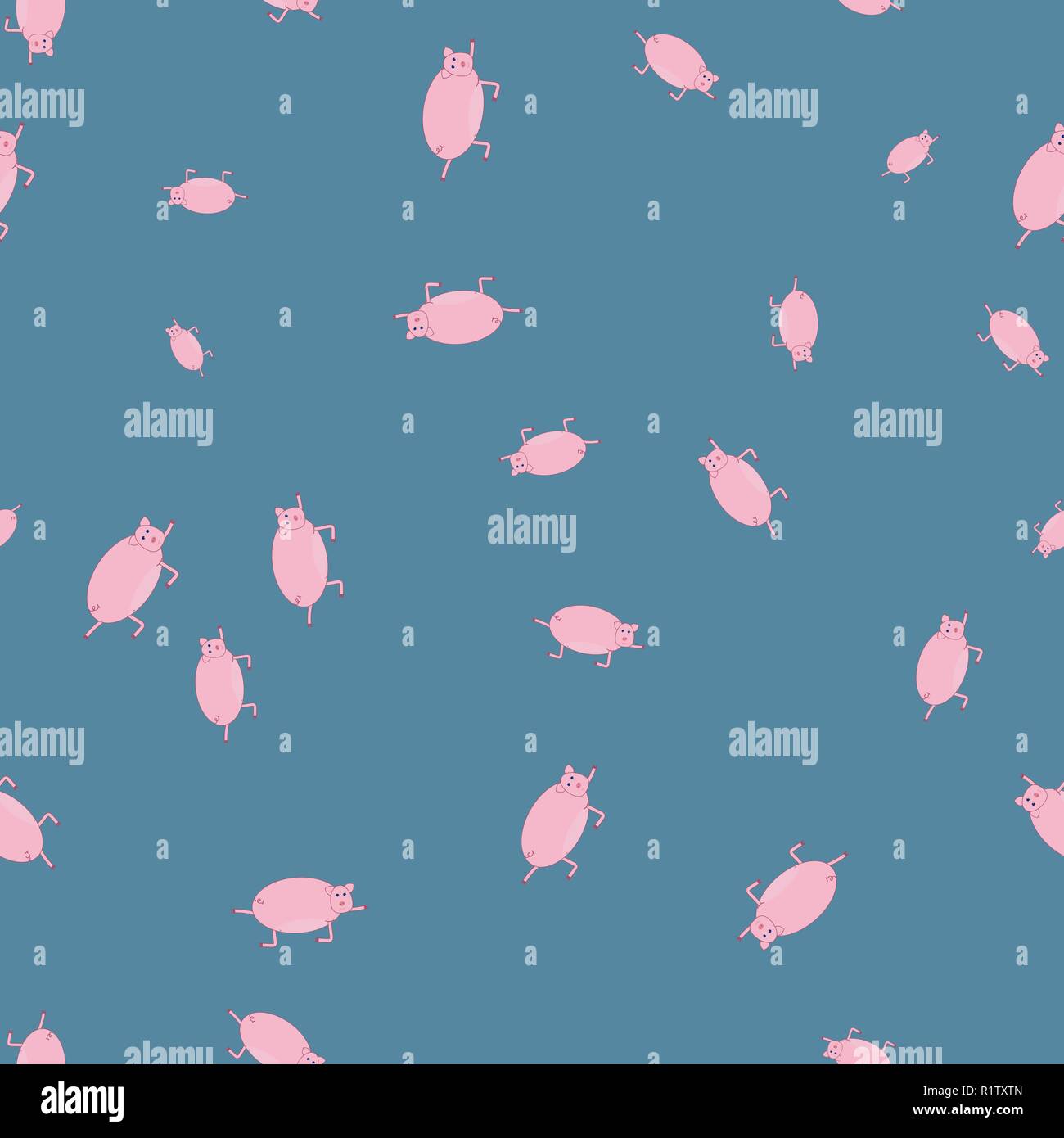 Seamless pattern with pigs in funny poses. Blue background. Stock Vector