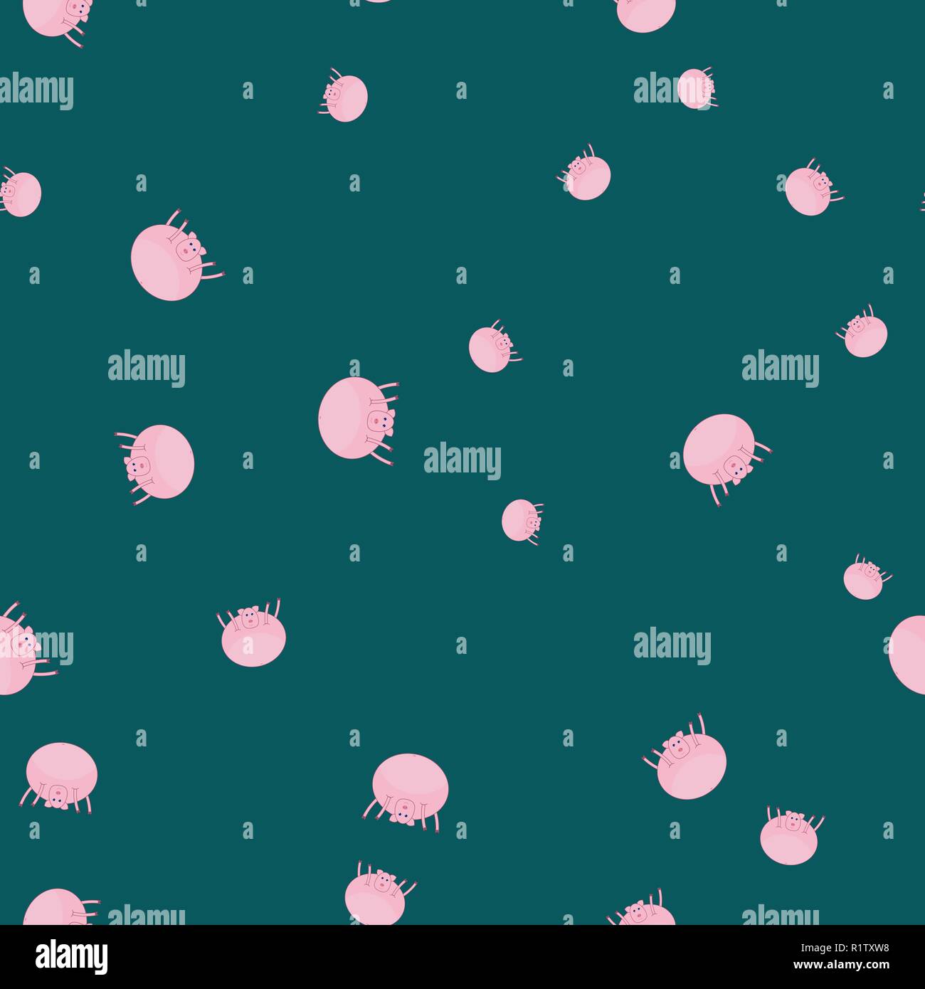 Seamless pattern with pigs in funny poses. Green background. Stock Vector