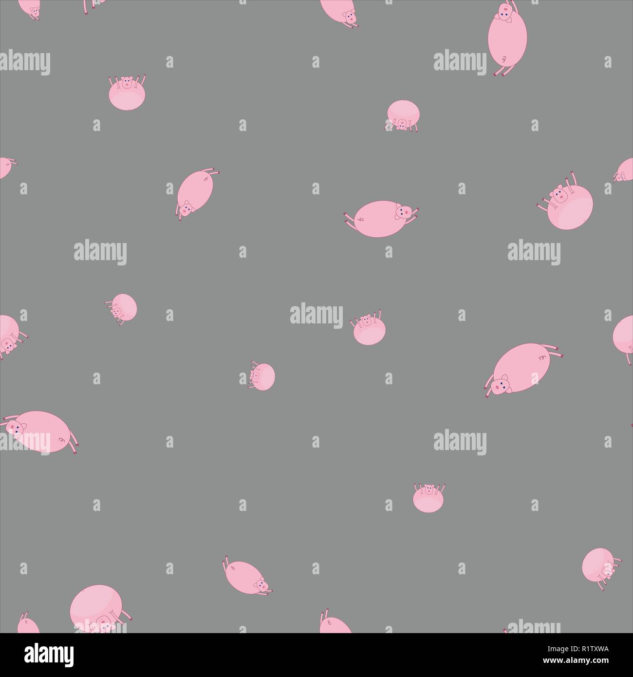 Seamless pattern with pigs in funny poses. Gray background. Stock Vector