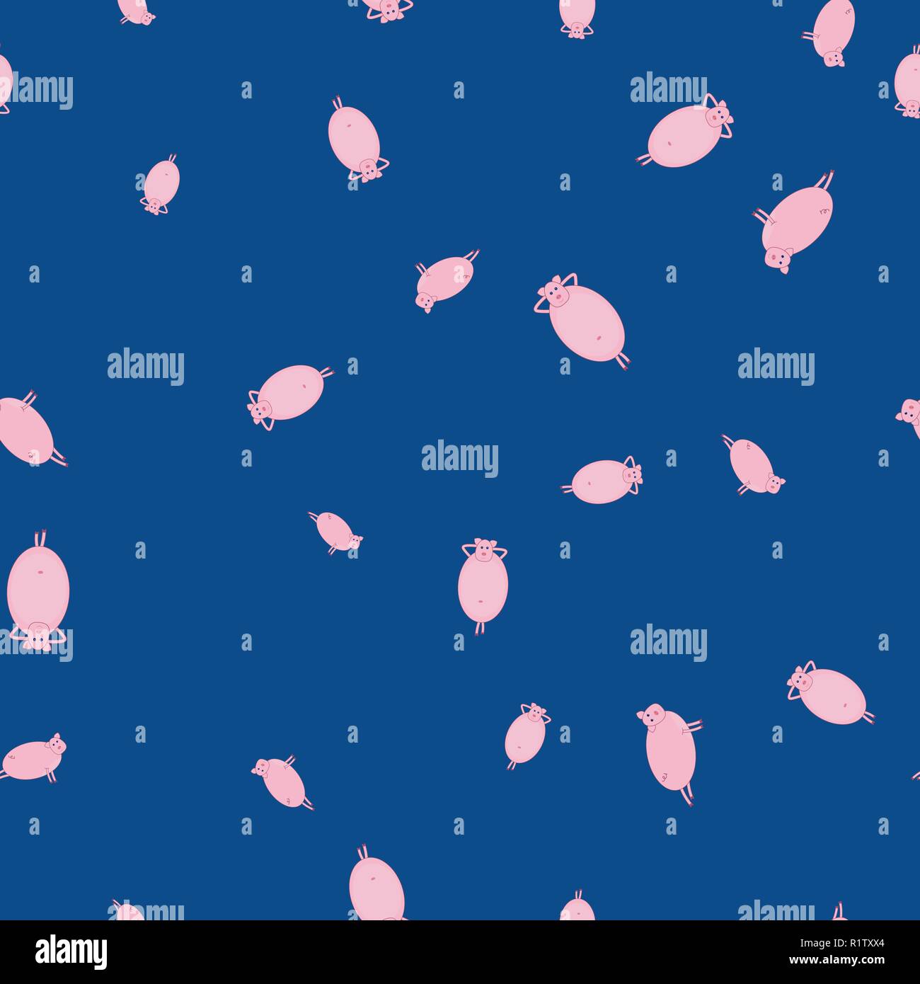 Seamless pattern with pigs in funny poses. Blue background. Stock Vector
