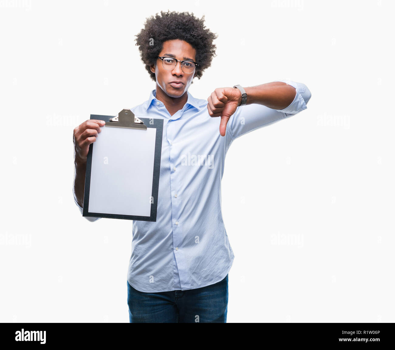 Afro american man holding clipboard over isolated background with angry ...
