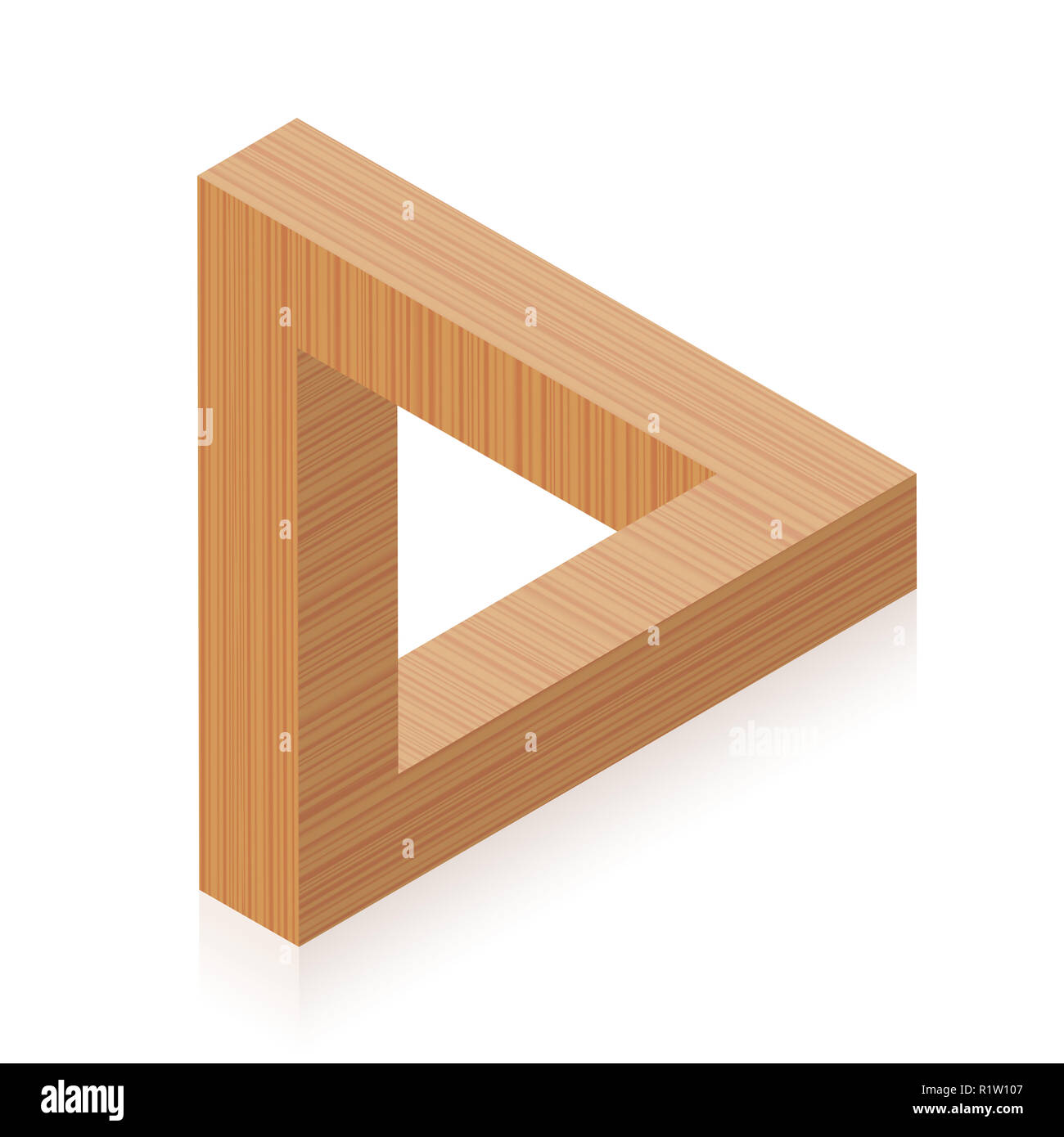 Penrose triangle. Impossible wooden object, appears to be a solid object, made of three straight bars. Stock Photo