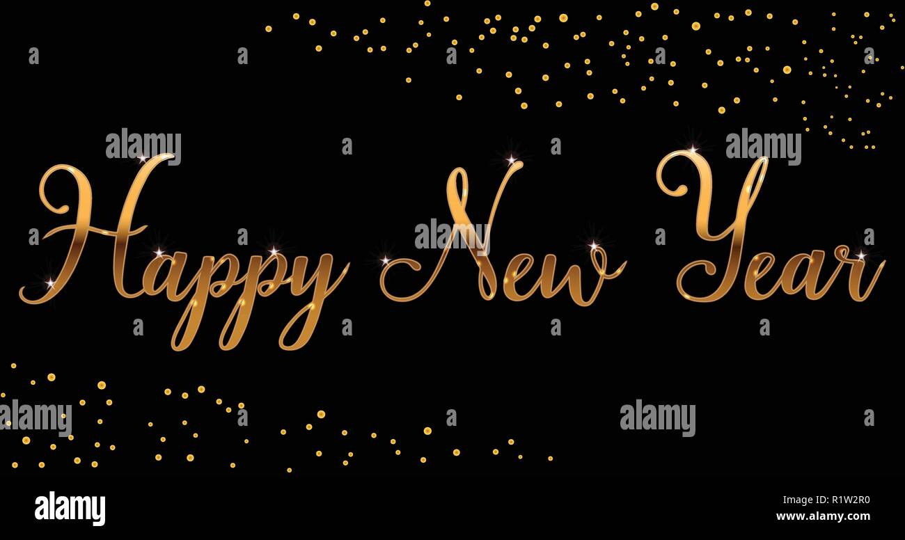 Vector gold Bright Happy New Year brush lettering text on black ...