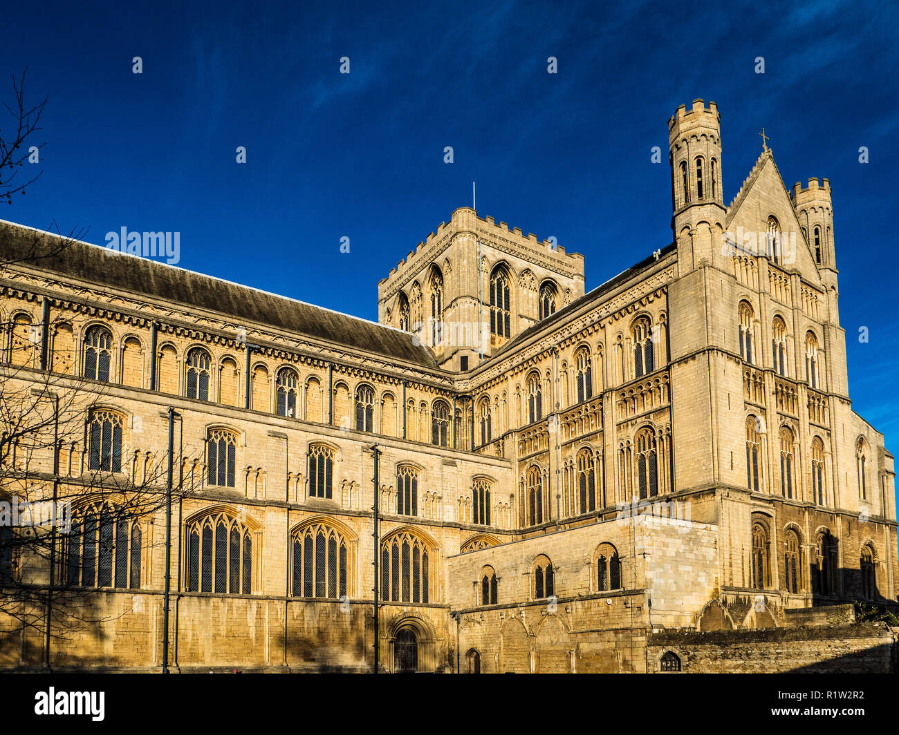 Peterborough Cathedral or Cathedral Church of St Peter, St Paul and St Andrew in Peterborough UK.  Romanesque Gothic style built 1118–1237 Stock Photo