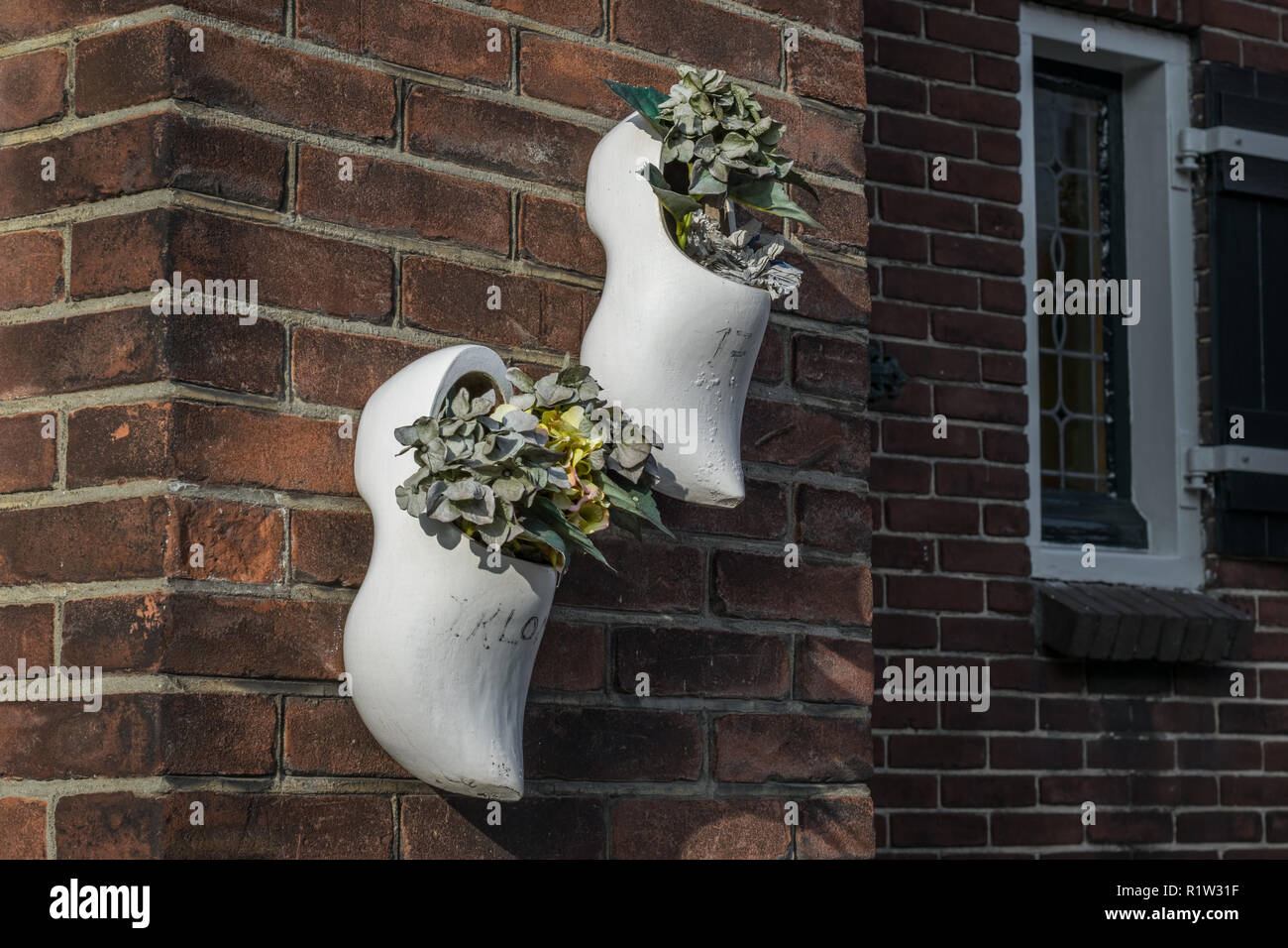 Plants in typical dutch wooden shoes on a brick wall Stock Photo