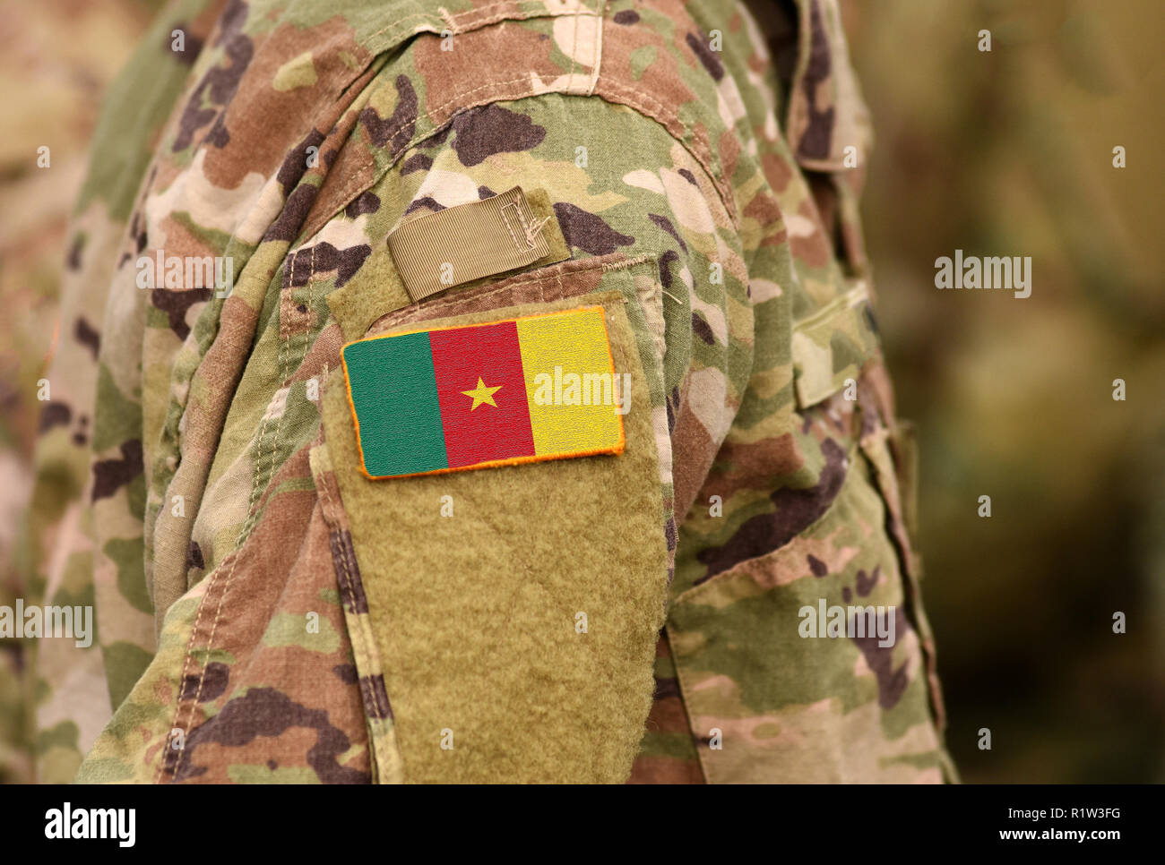 Cameroon flag on soldiers arm. Republic of Cameroon troops (collage) Stock Photo