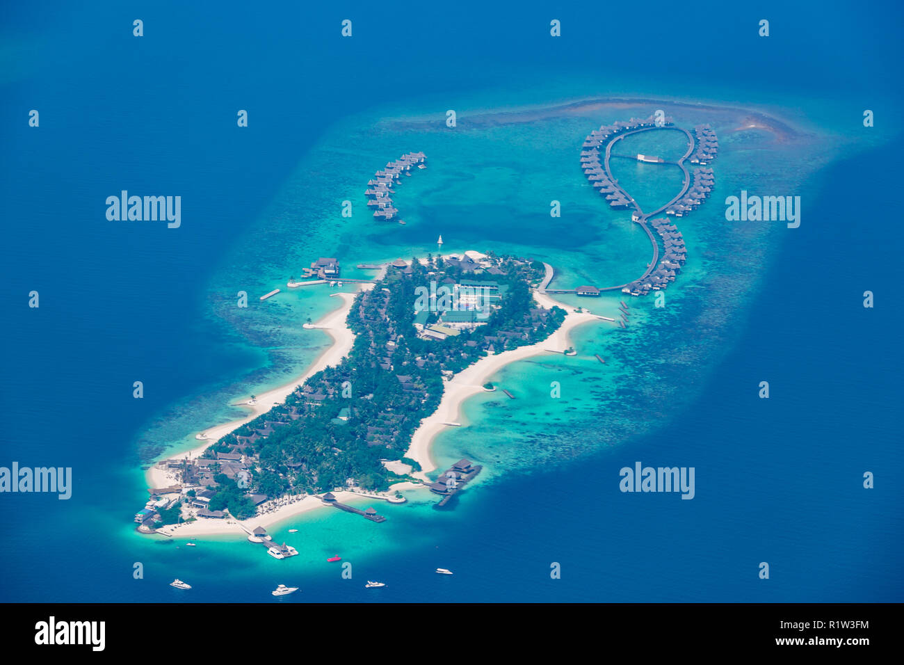 Group of atolls and islands in Maldives from aerial view. Beautiful Maldives landscape, blue sea. Stock Photo