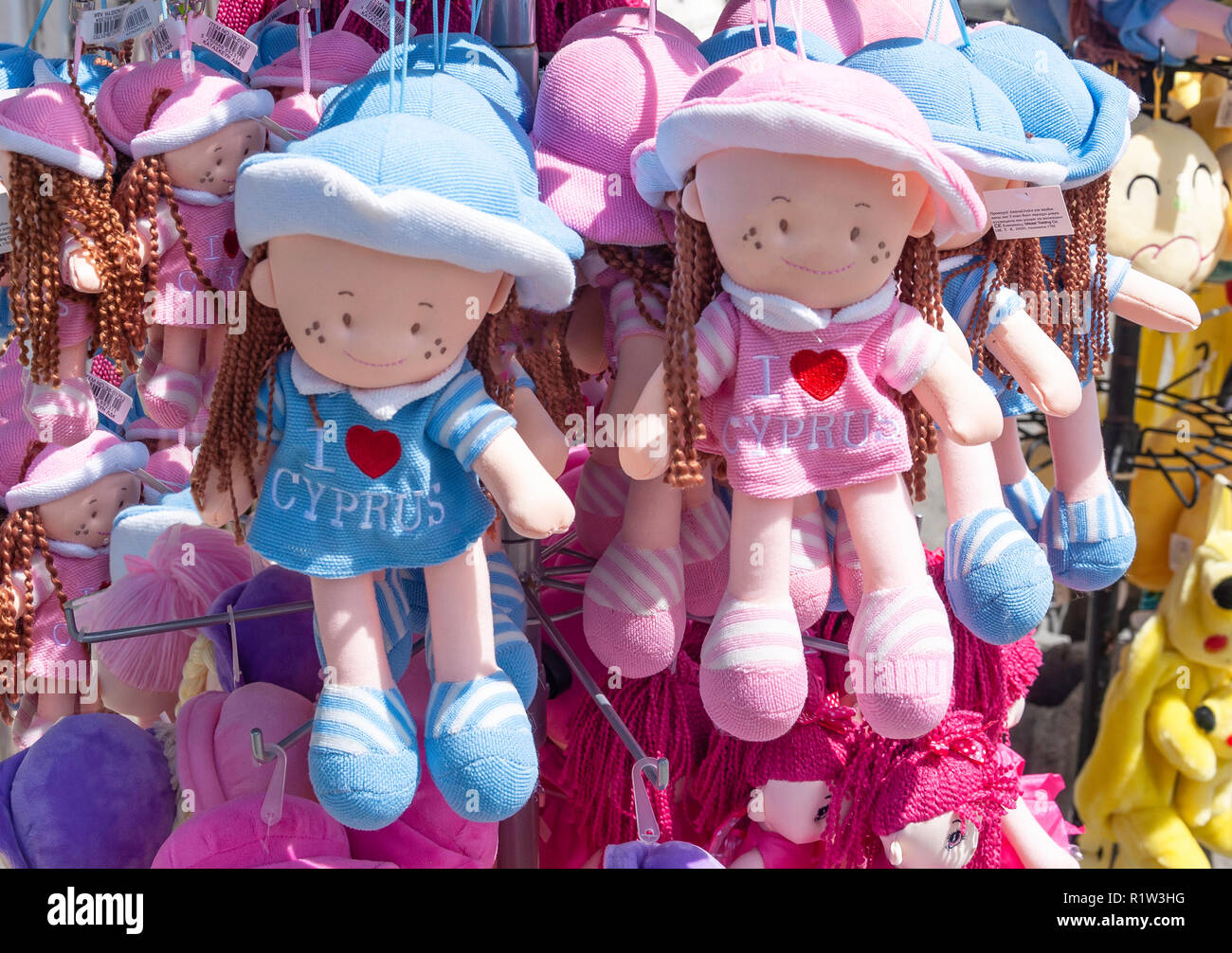Souvenir soft toys on stand outside Kykkos Monastery, Kykkos, Troodos