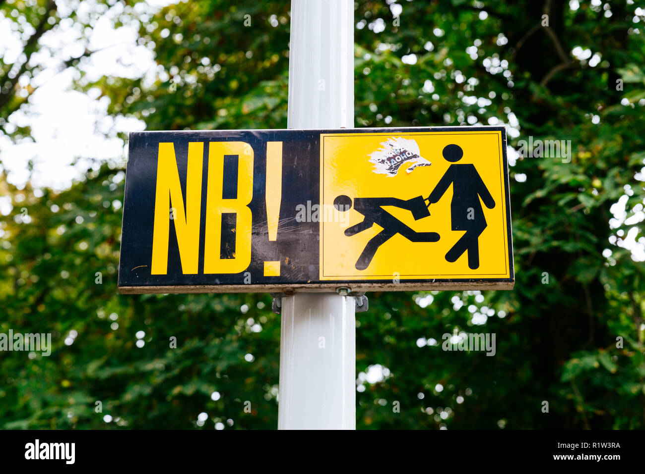 Warning sign, Bag snatching.Tallinn, Harju County, Estonia, Baltic states, Europe. Stock Photo