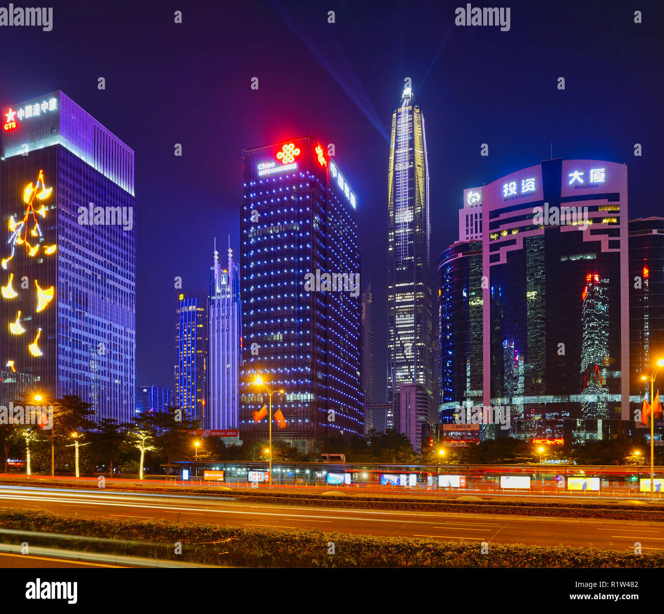 Shenzhen, China - financial district Futian and city center of the chinese mega city at Night with lot of illumination Stock Photo