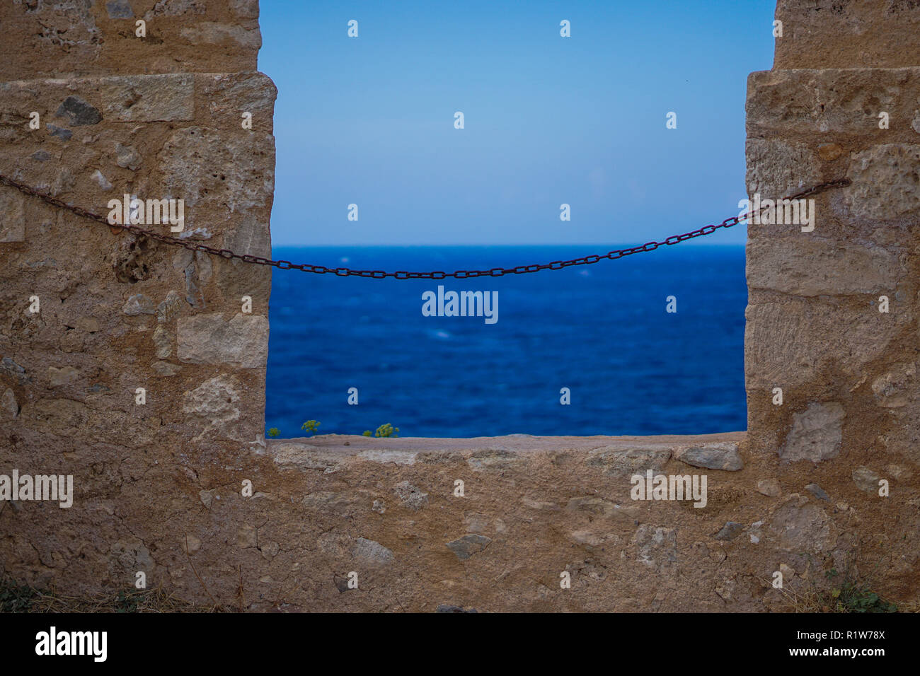 View out to sea from Fortezza of Rethimno, Crete Island. Stock Photo