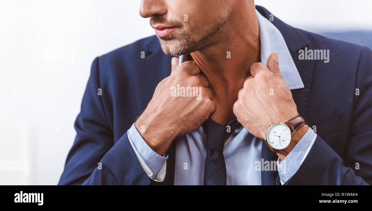 cropped shot of man in suit wearing necktie at home Stock Photo