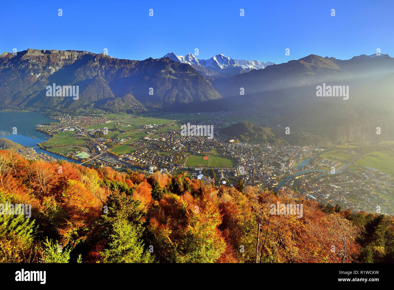 View from Harder Kulm to Interlaken and Bernese Alps, Canton Bern, Switzerland Stock Photo