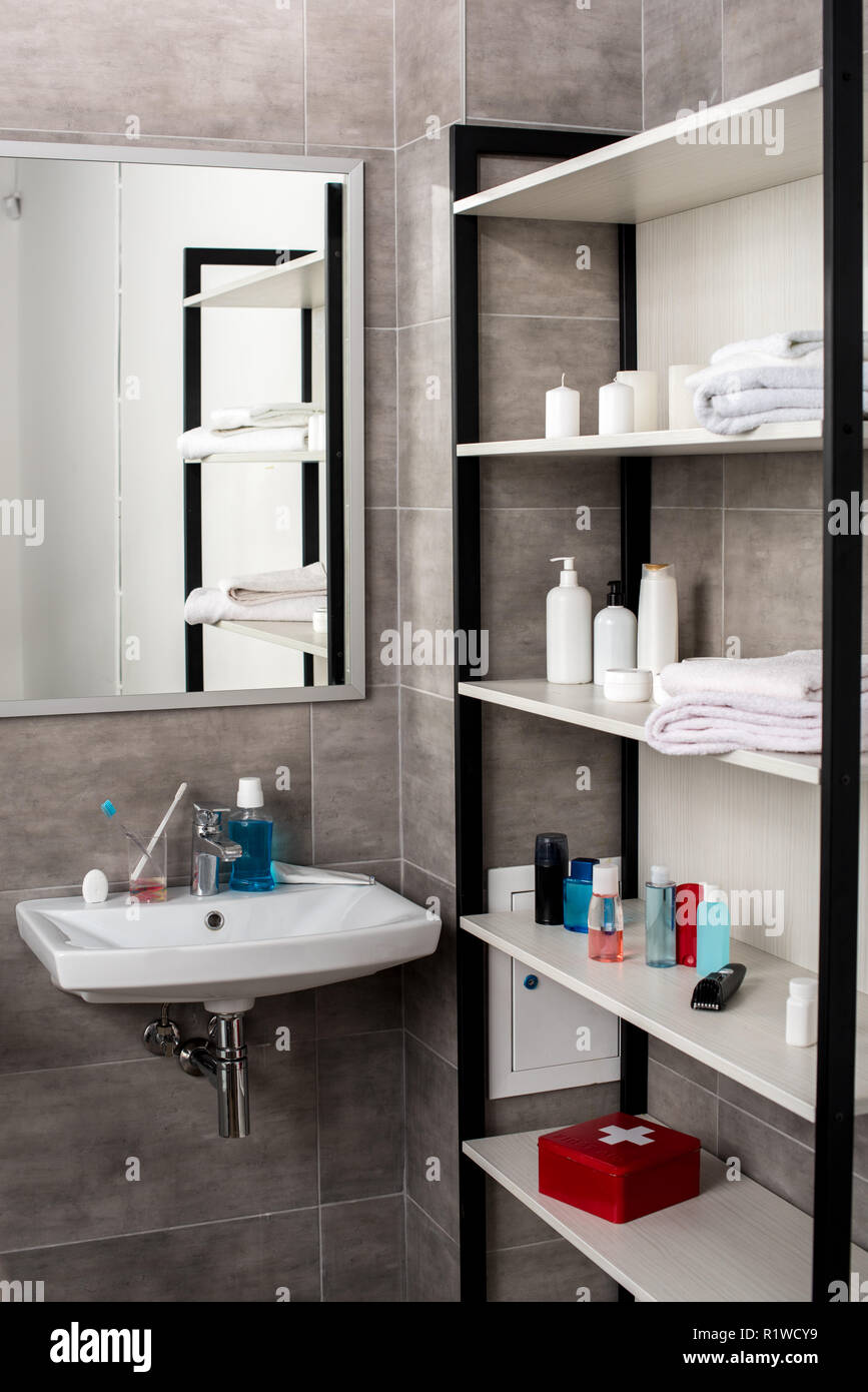 interior of modern bathroom with sinks and shelves with beauty products Stock Photo