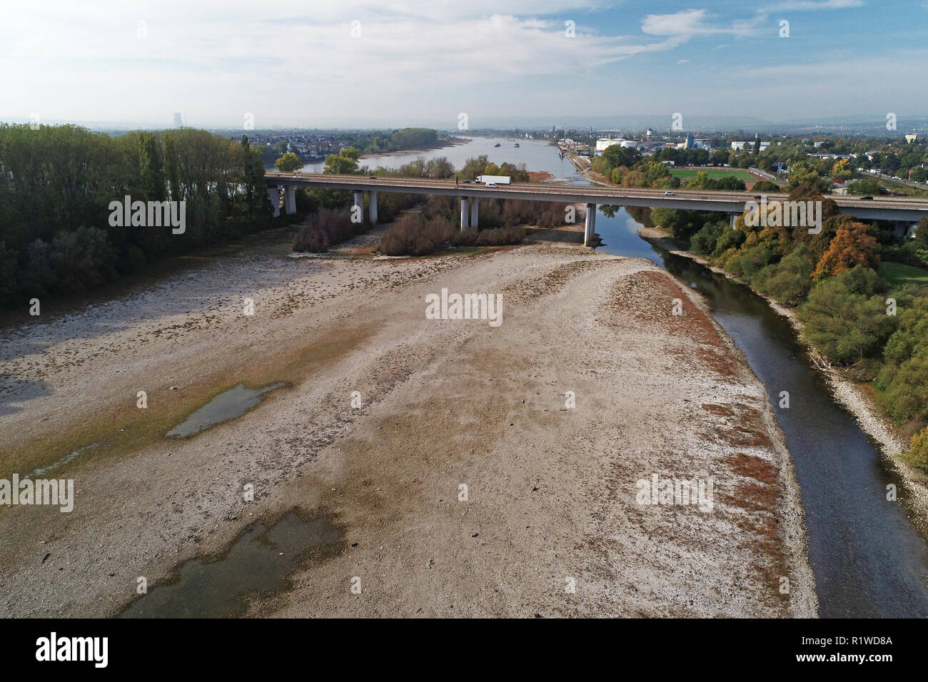 Low water Rhine arm between Bendorf and the island Graswerth, drone shot, Bendorf, Rhineland-Palatinate, Germany Stock Photo