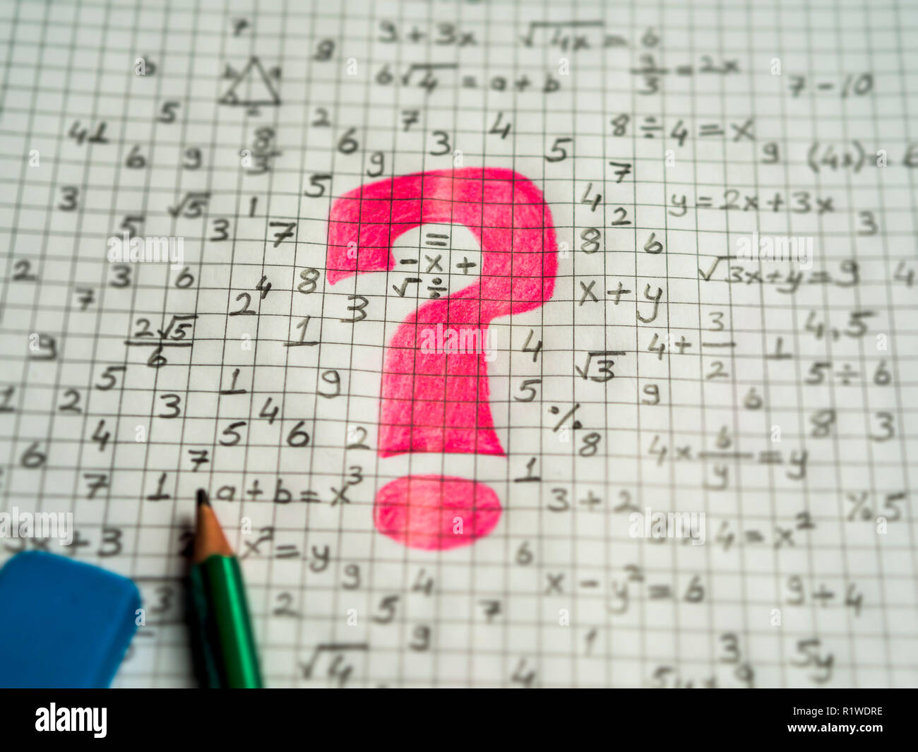math problem solving consept visual. mathematical signs and red question mark Stock Photo