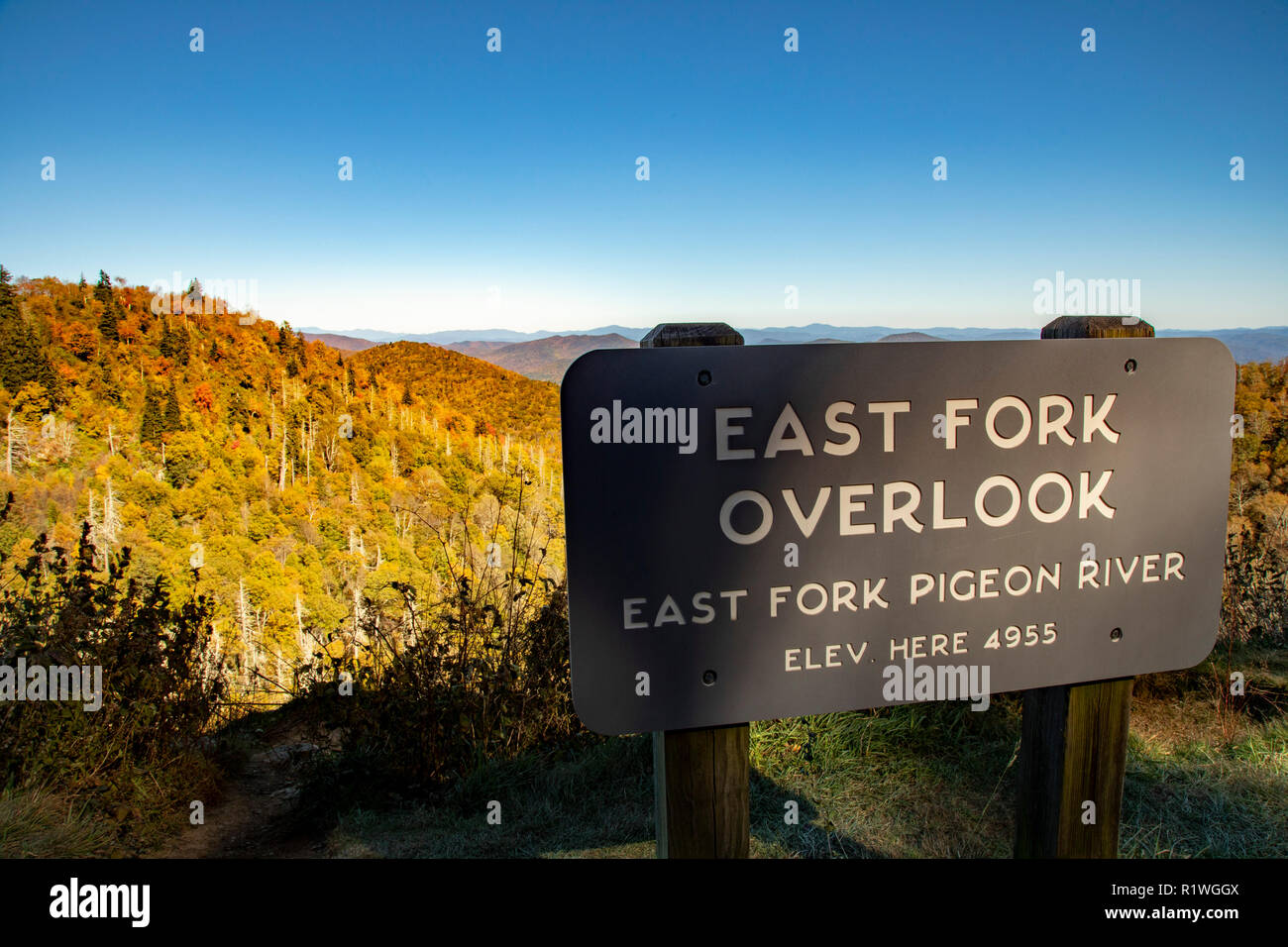 East Fork Overlook sign of the East Fork Pigeon River in the Blue Ridge  Mountains in the autumn in Asheville North Carolina Stock Photo - Alamy