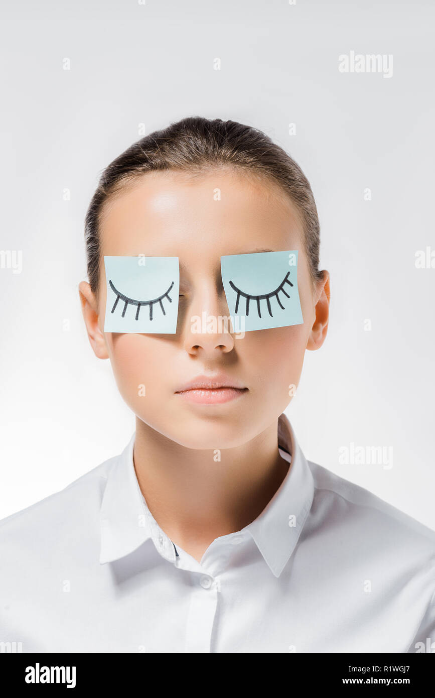 young woman with sticky notes on eyes and drawn eyelashes Stock Photo -  Alamy