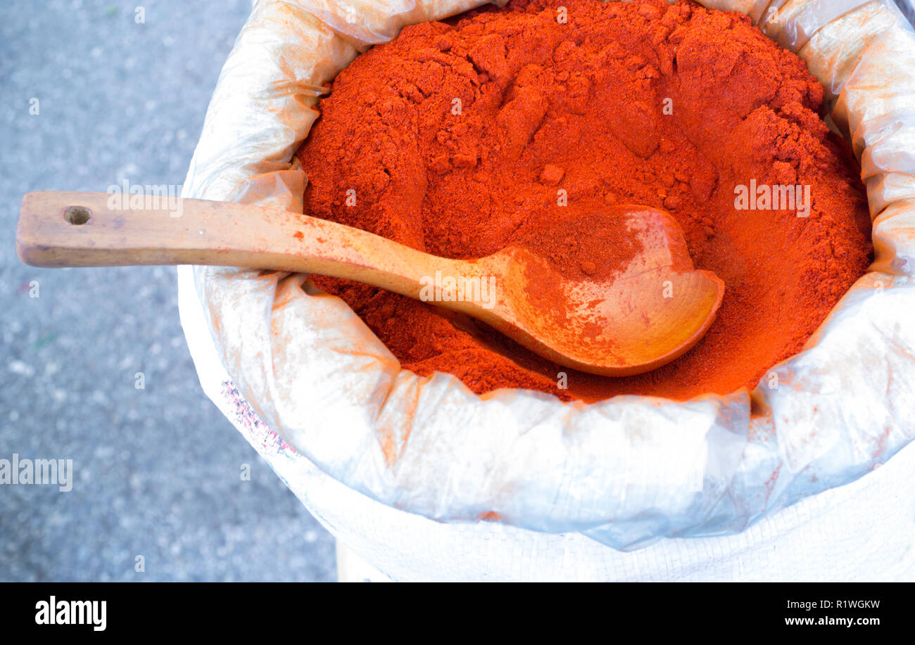Pimenton de la Vera, Spain Famous Smoked Paprika. Powder on sack ready to sell on market stall. Extremadura, Spain Stock Photo