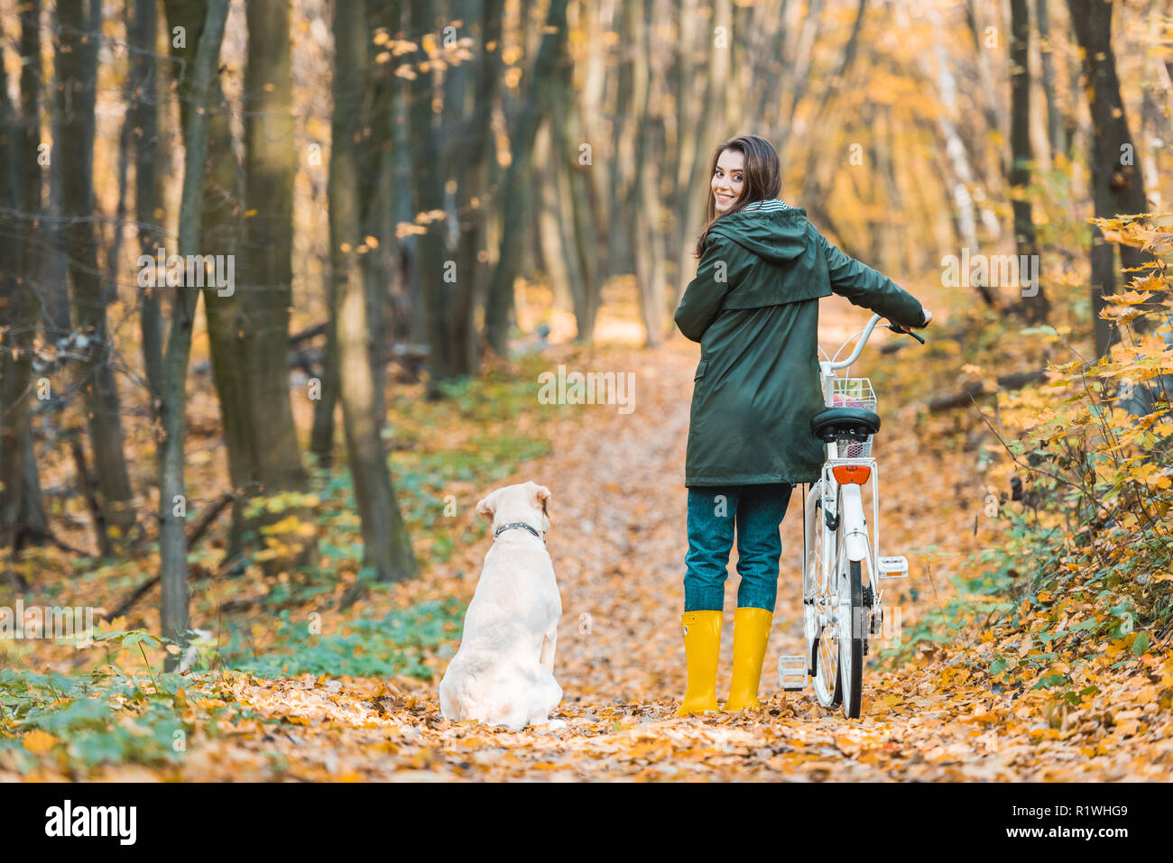 smiling woman with bicycle and her golden retriever sitting near on yellow leafy path in forest Stock Photo