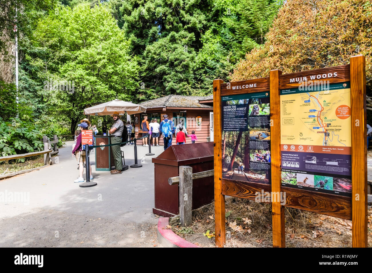 August 10, 2018 Mill Valley  / CA / USA - Information panels and rangers welcoming visitors to Muir Woods National Monument, the Visitor Center buildi Stock Photo