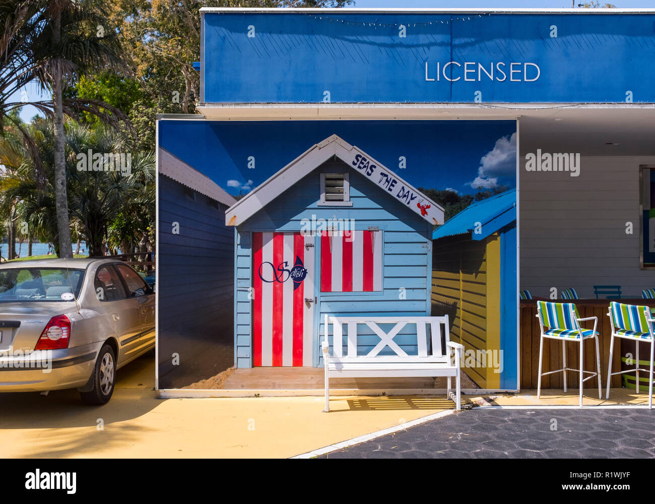 image of beach hut on side of fish and chip shop in tweed heads, new