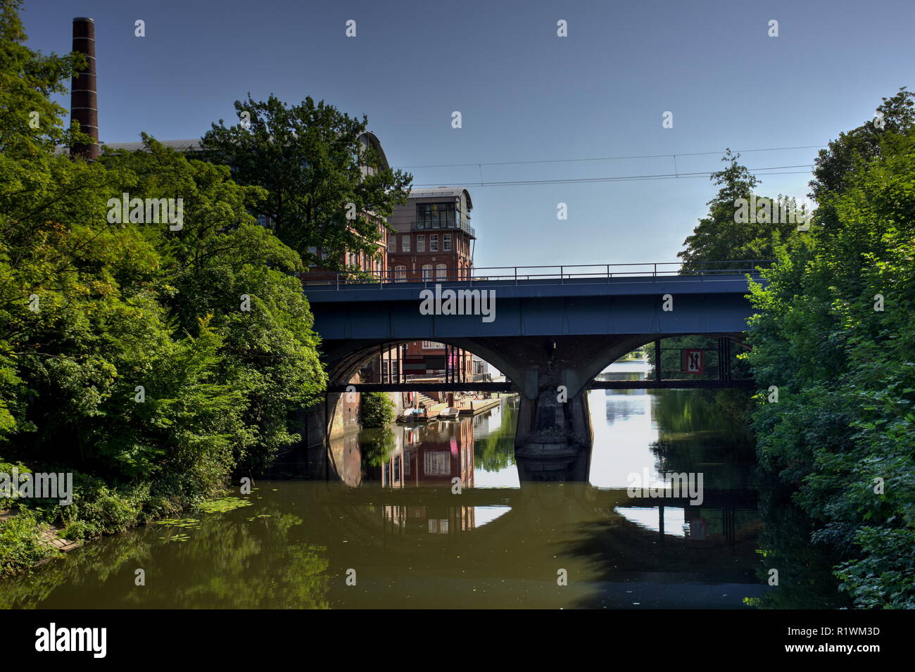 railway bridge in front of a historic chocolate factory in Hamburg
