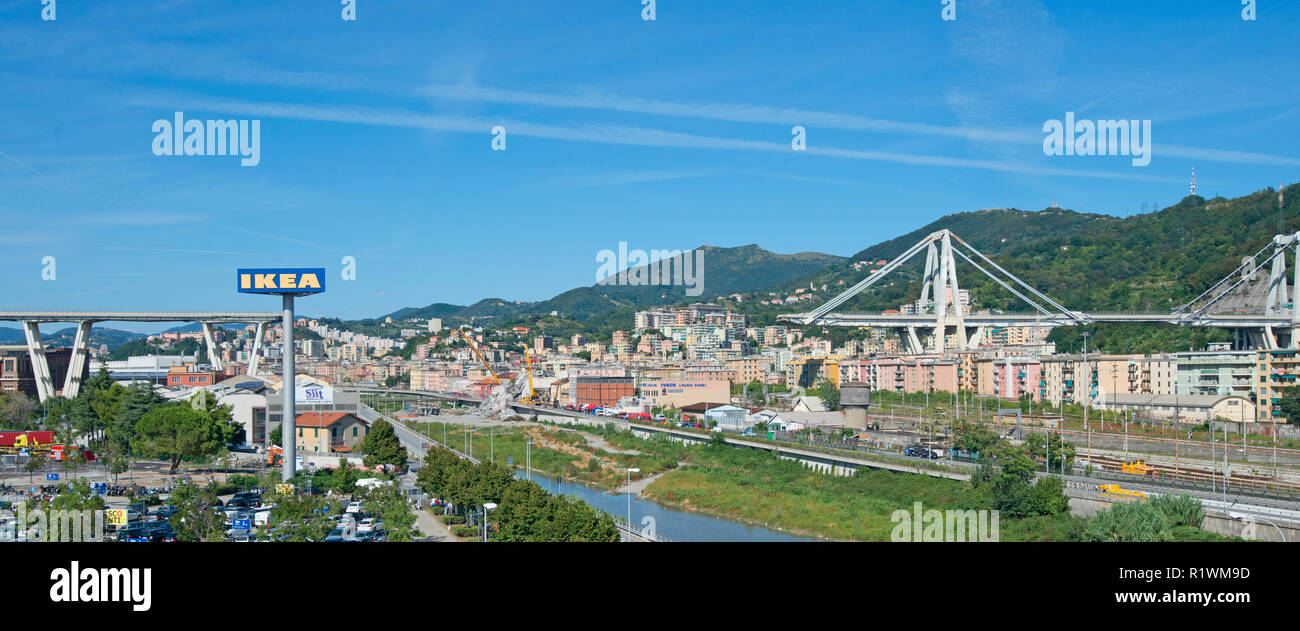 Genoa, Italy, what remains of collapsed Morandi Bridge connecting A10 motorway after structural failure causing 43 casualties on August 14, 2018 Stock Photo