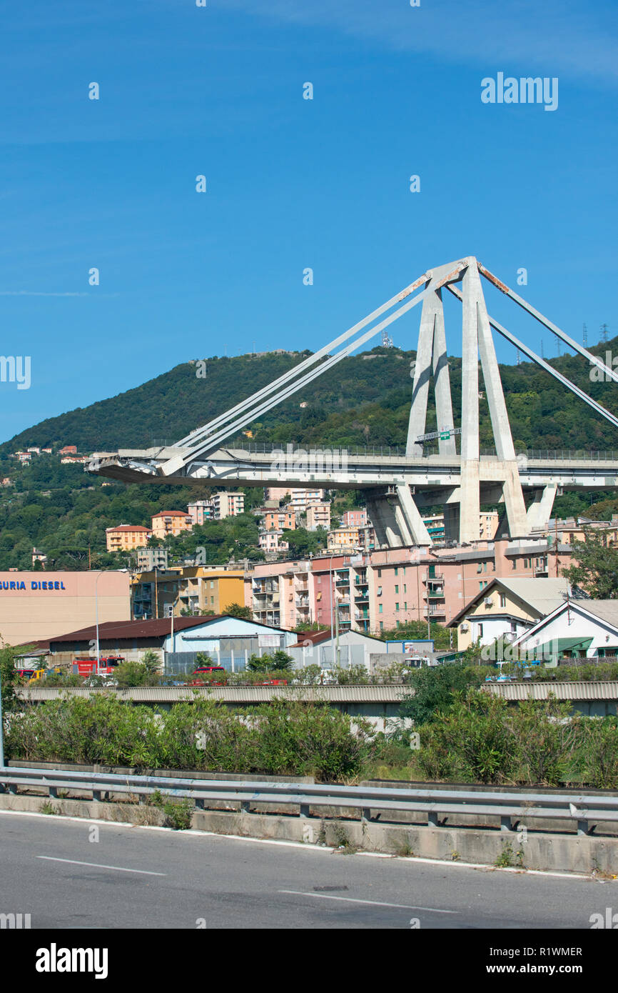 Genoa, Italy, what remains of collapsed Morandi Bridge connecting A10 motorway after structural failure causing 43 casualties on August 14, 2018 Stock Photo