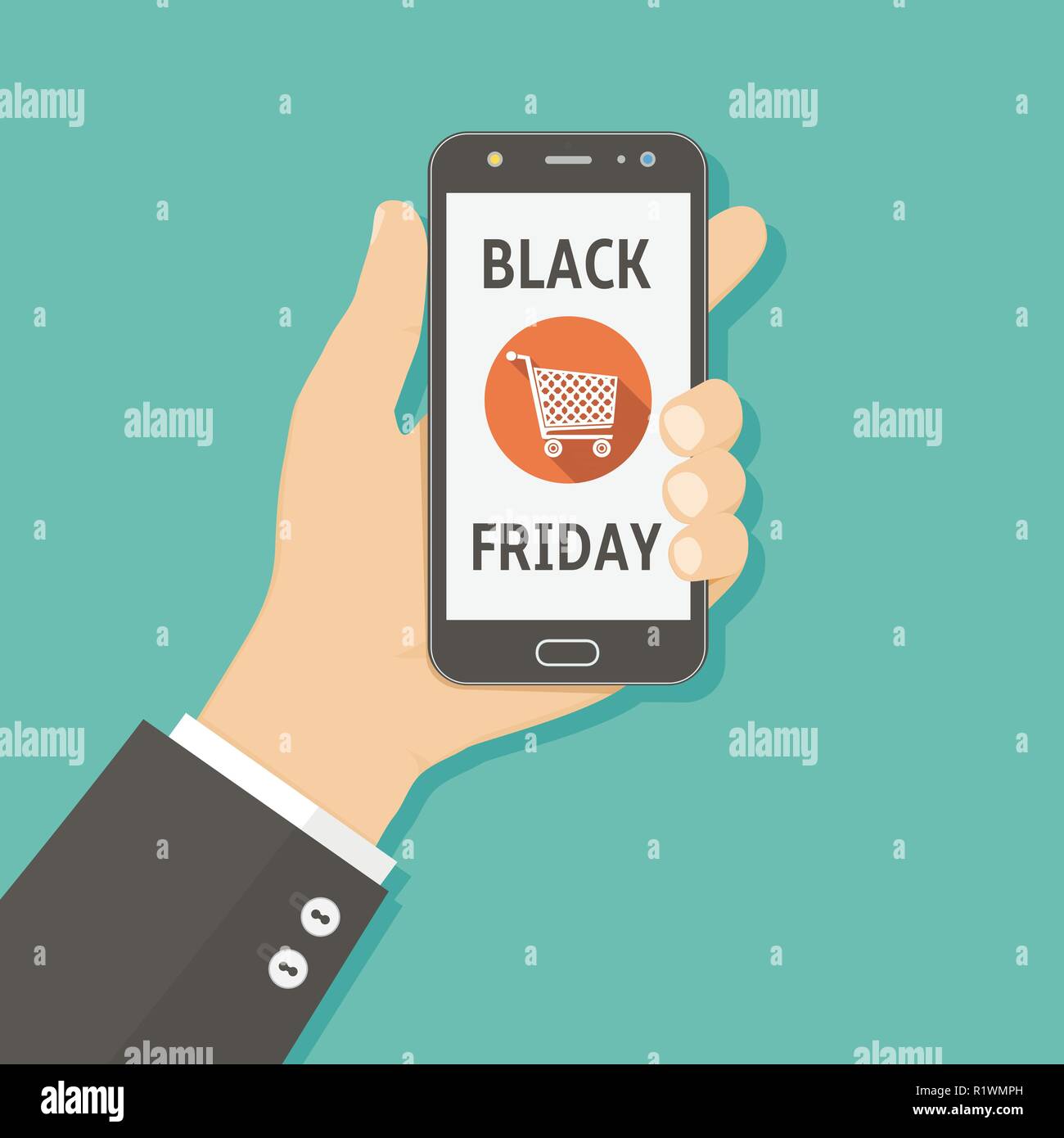 Black friday sale. Hand holding smartphone with Black friday sale on screen. Stock Vector