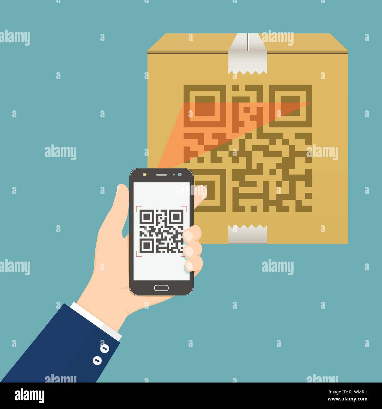 Hand holding mobile phone scanning QR code on cardboard box Stock Vector