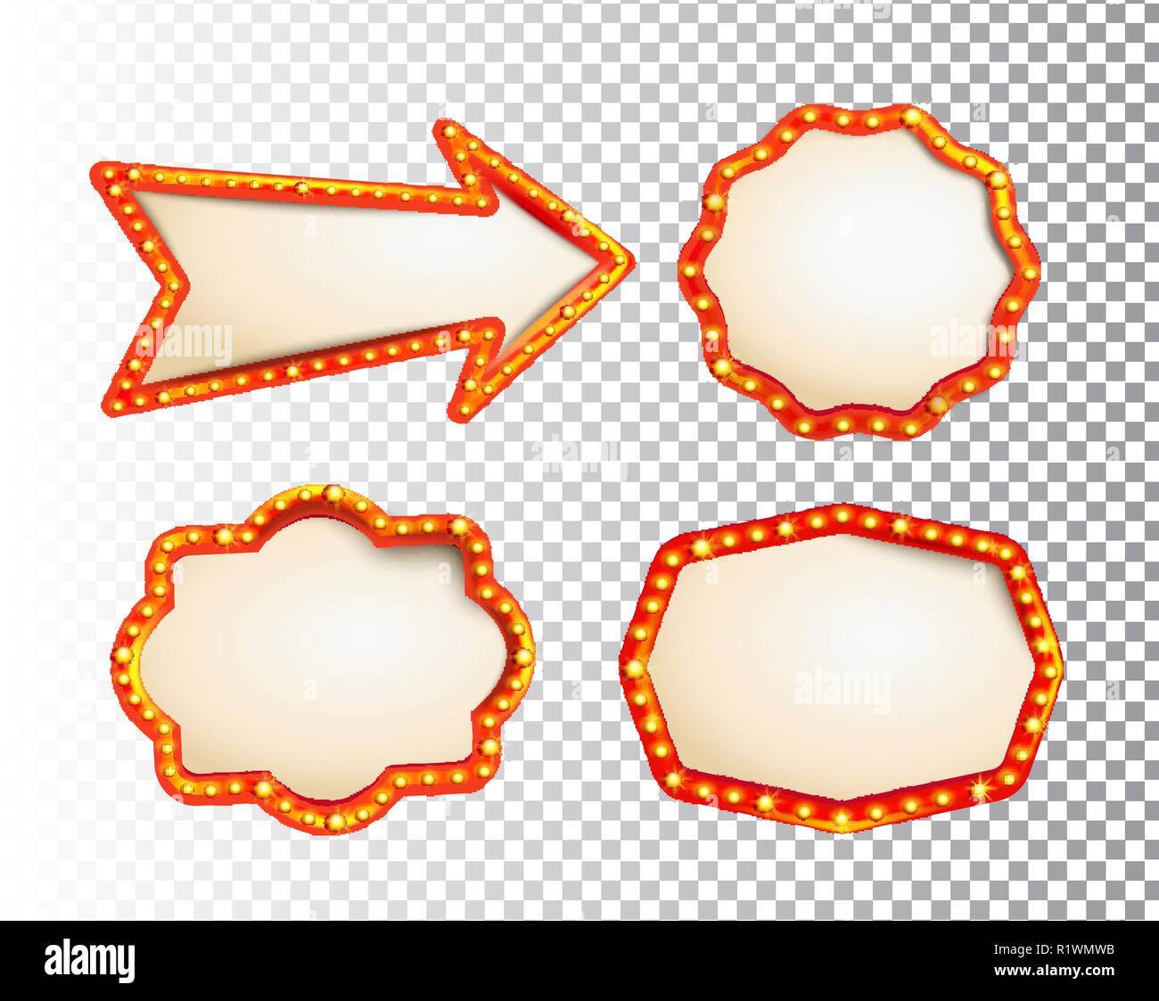 Shining isolated retroset bulb light frames and arrow on transparent background. Vintage style banner, sign, signboard. Perfect template for shows, casino, cinema, circus. Vector illustration EPS 10 Stock Vector