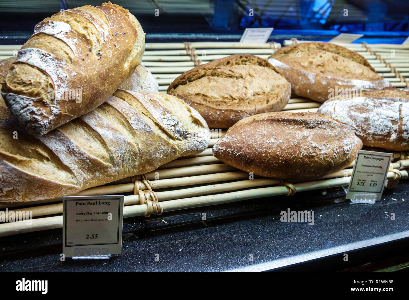 London England,UK,United Kingdom Great Britain,South Kensington,PAUL Bakery & Cafe,loaf,artisanal,pain de campagne,farmhouse bread,product products di Stock Photo