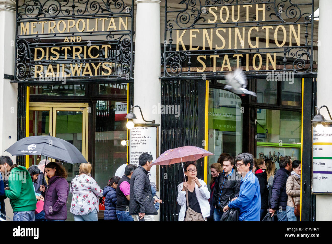 London England,UK,United Kingdom Great Britain,South Kensington Station,tube subway public transportation,outside above ground,entrance,sign,entering, Stock Photo
