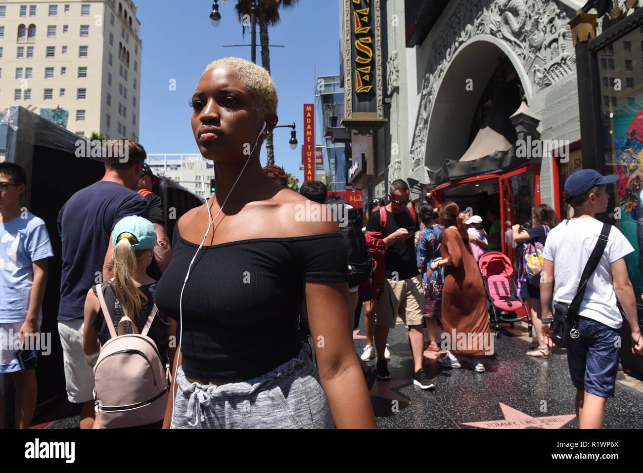 HOLLYWOOD - August 7, 2018: People on the world famous walk of fame on ...