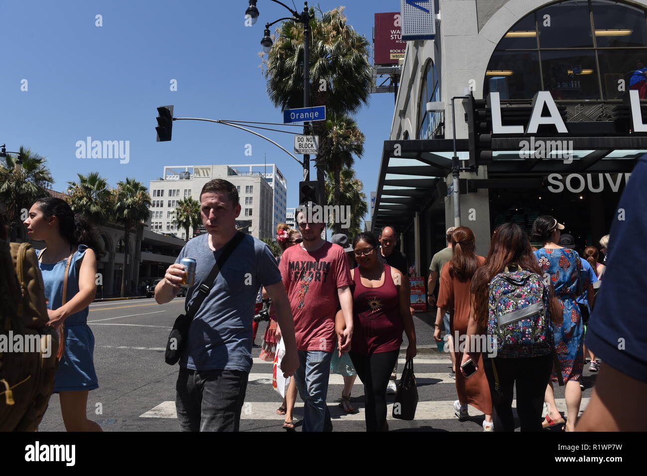 HOLLYWOOD - August 7, 2018: People on the world famous walk of fame on ...