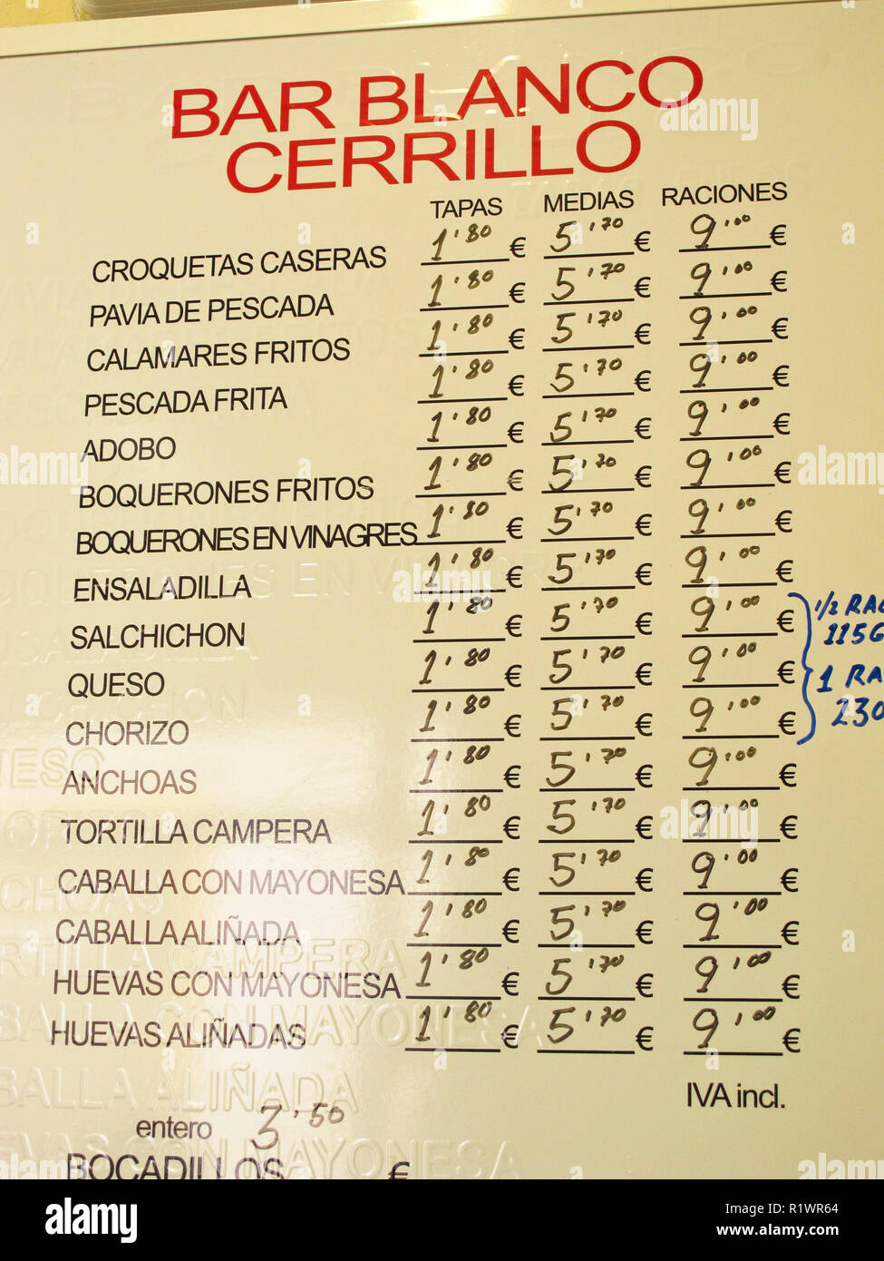 Price list in a tapas bar in Seville. Andalusia. Spain Stock Photo