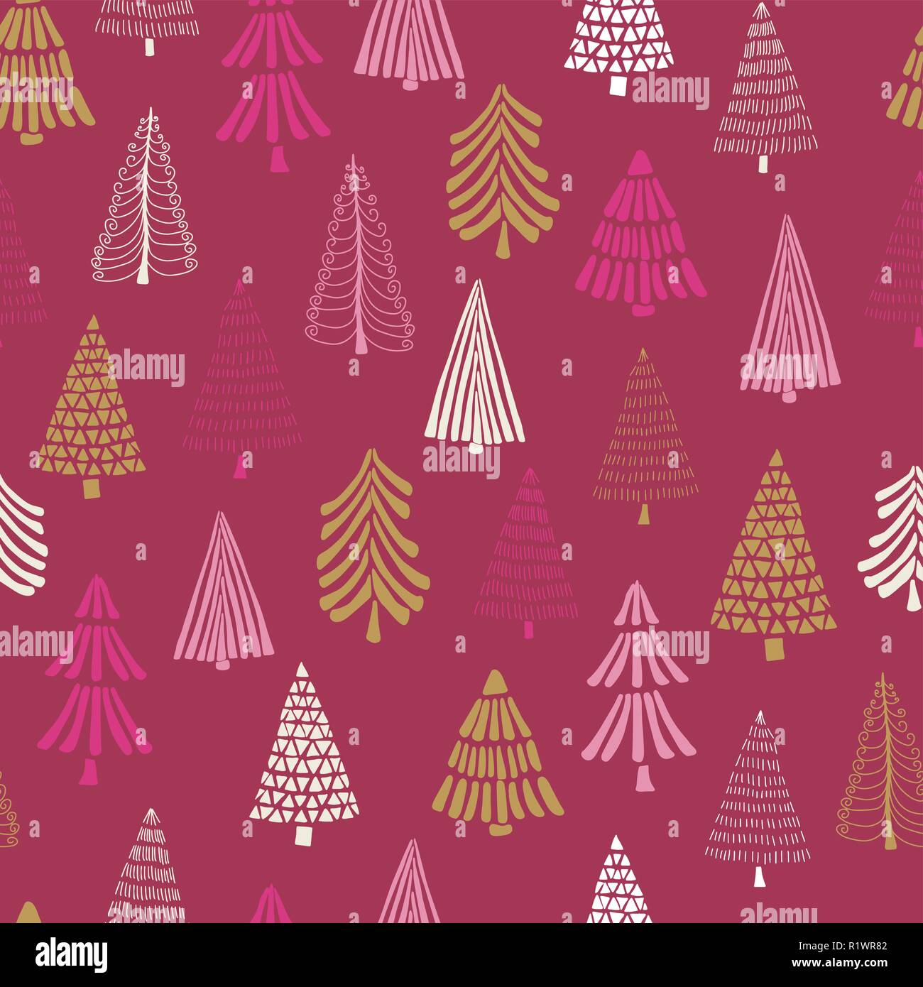 Modern doodle Christmas trees seamless vector background. Pink ...