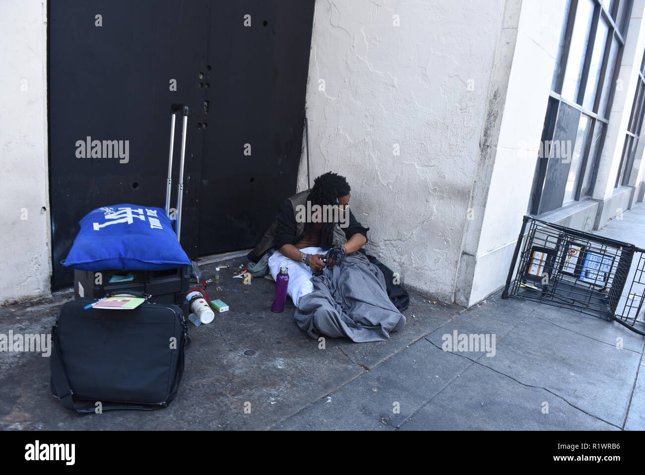 Los Angeles, USA - July 29: Homeless people in the streets of Los Angeles, CA on July 29, 2018. Stock Photo