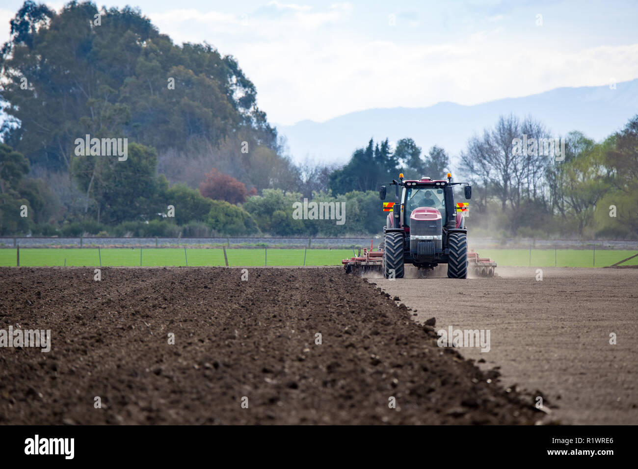 Temuka, Canterbury, New Zealand September 14 2018 A farmer ploughing