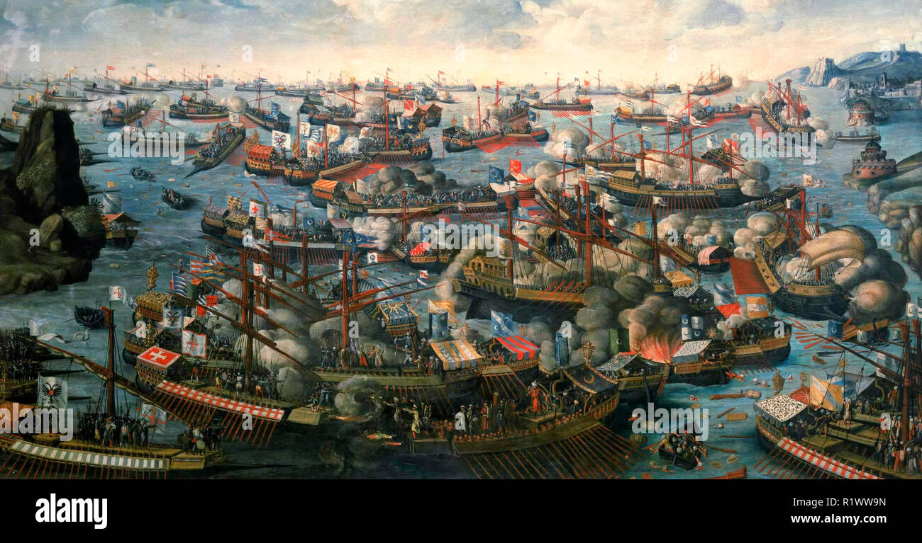The Battle of Lepanto from 7 October 1571, a naval engagement between allied Christian forces and the Ottoman Turks. Stock Photo