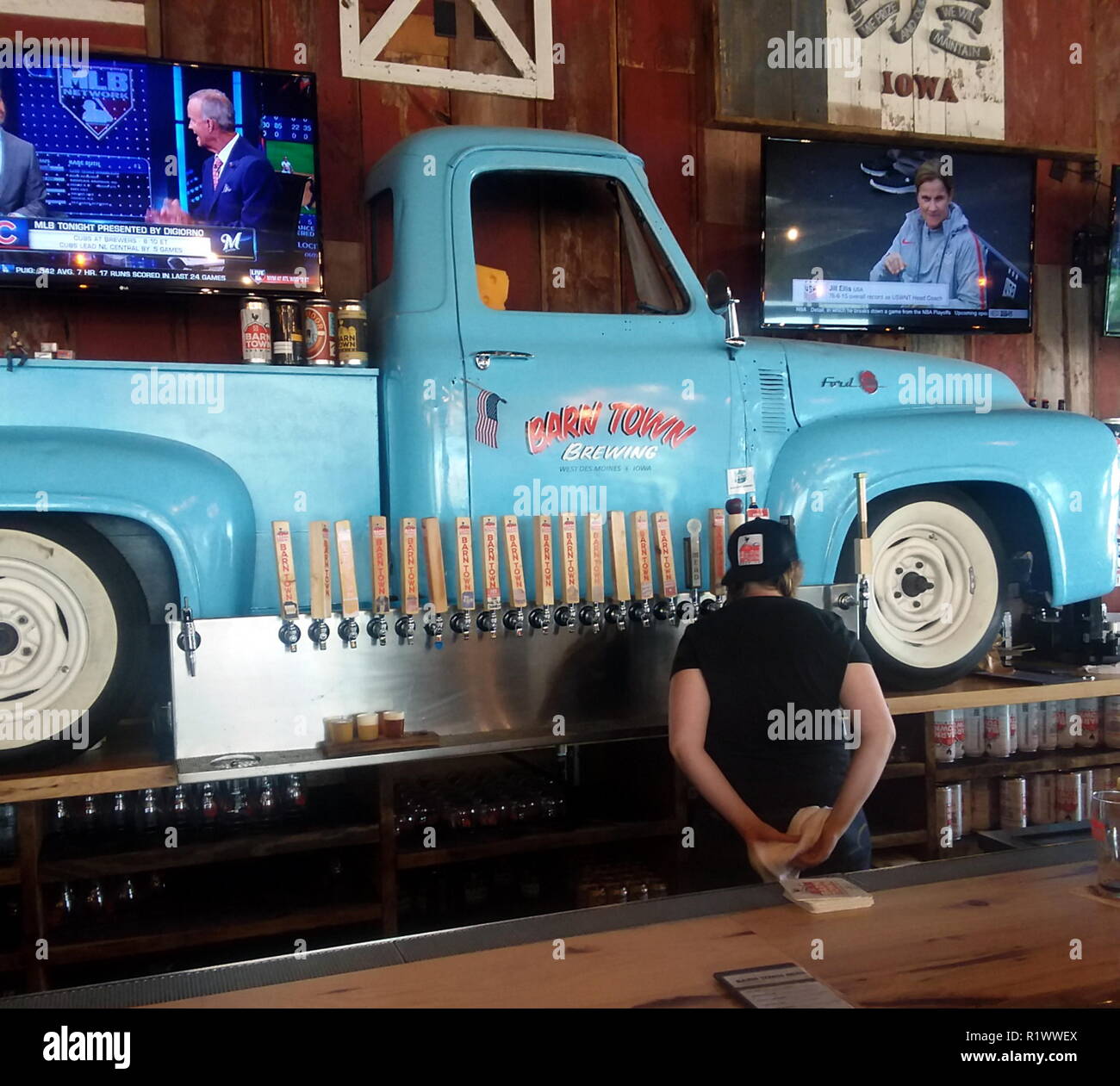 The back bar in the Barn Town Brewery, Des Moines, Iowa Stock Photo