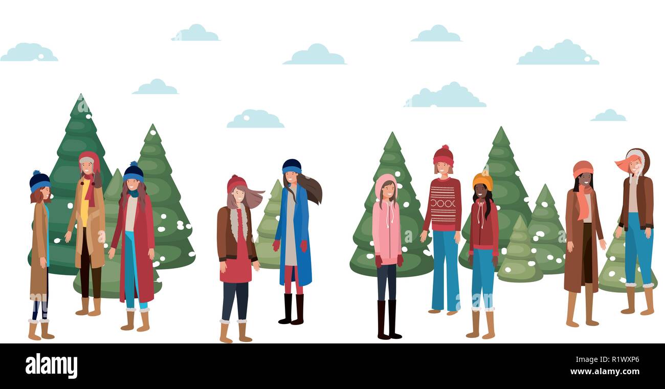 group of people with winter clothes and christmas trees avatar ...
